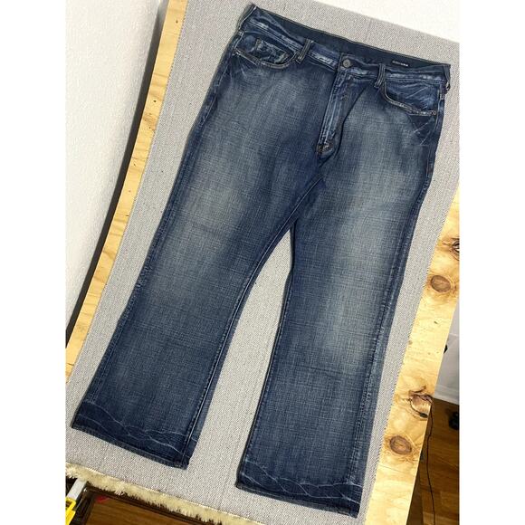 Guess Premium Cliff Boot Cut Jeans Men 40x32 Blue Fade Whiskered Loose Wide - Picture 16 of 16